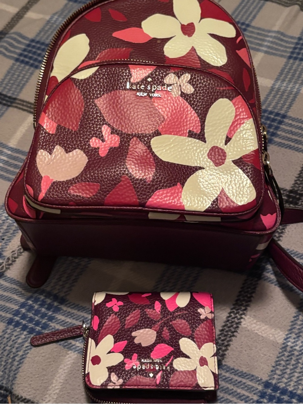 kate spade burgundy floral mini backpack and wallet set